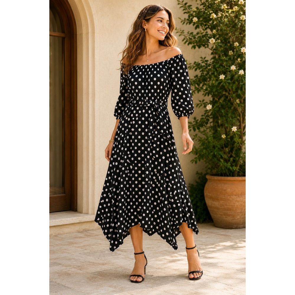 Maeve Anthropologie Polka Dot Handkerchief Hem Belted Midi Dress Black White 2